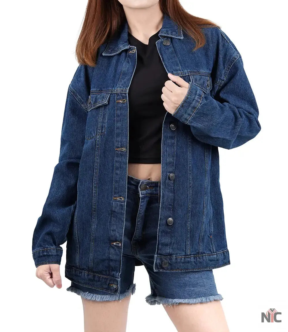 Women's Mid Blue Oversized Denim Jacket NYC Jackets