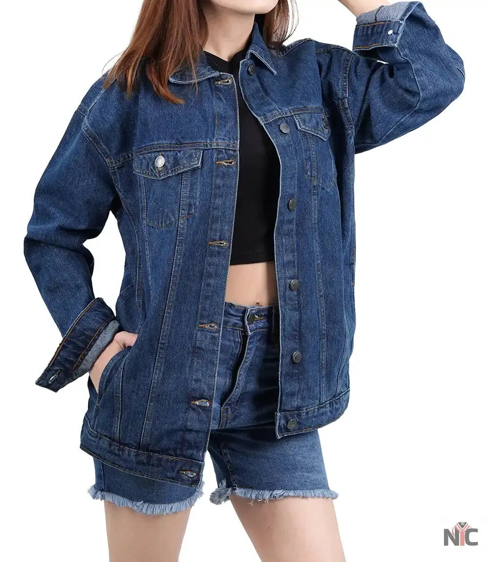 Women's Mid Blue Oversized Denim Jacket NYC Jackets
