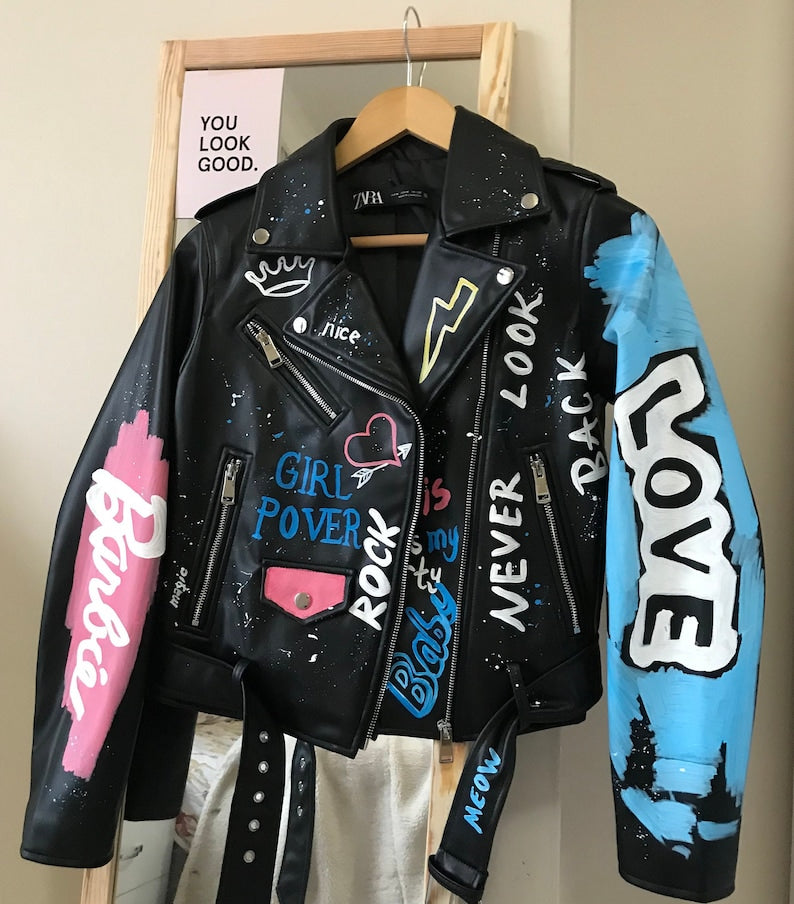 Custom Text Jacket Painted Faux Leather Motorcycle Jacket Danger