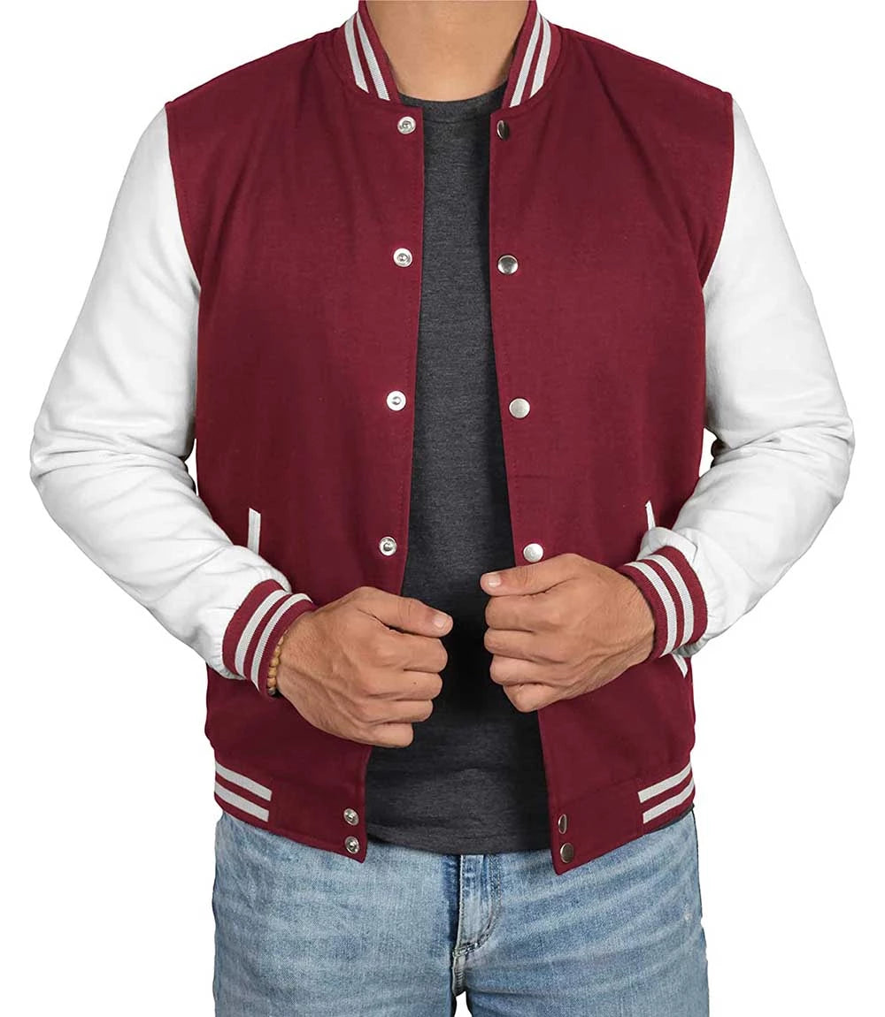 Men's Maroon and White Varsity Jacket - Letterman Bomber Style