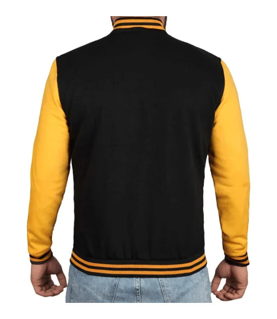 Men's Black and Yellow Varsity Bomber Jacket - Baseball Letterman Style