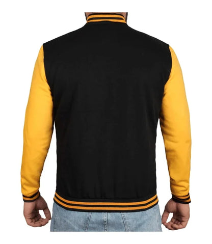 Men's Black and Yellow Varsity Bomber Jacket - Baseball Letterman Style