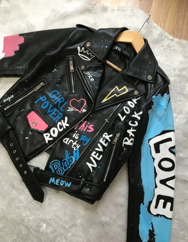 Custom Text Jacket Painted Faux Leather Motorcycle Jacket Danger