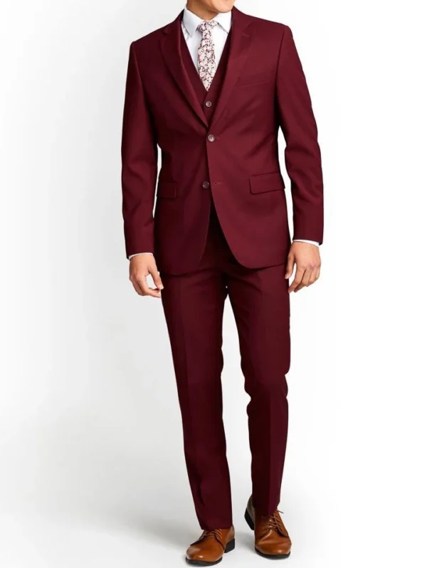 Men's Three-Piece Slim Fit Maroon Suit - Wedding Suit for Men