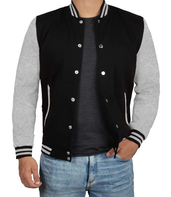 Men's Black and Grey Varsity Bomber Jacket