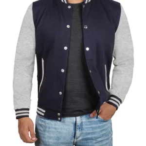 Men's Grey and Blue Varsity Jacket - Bomber Letterman Style
