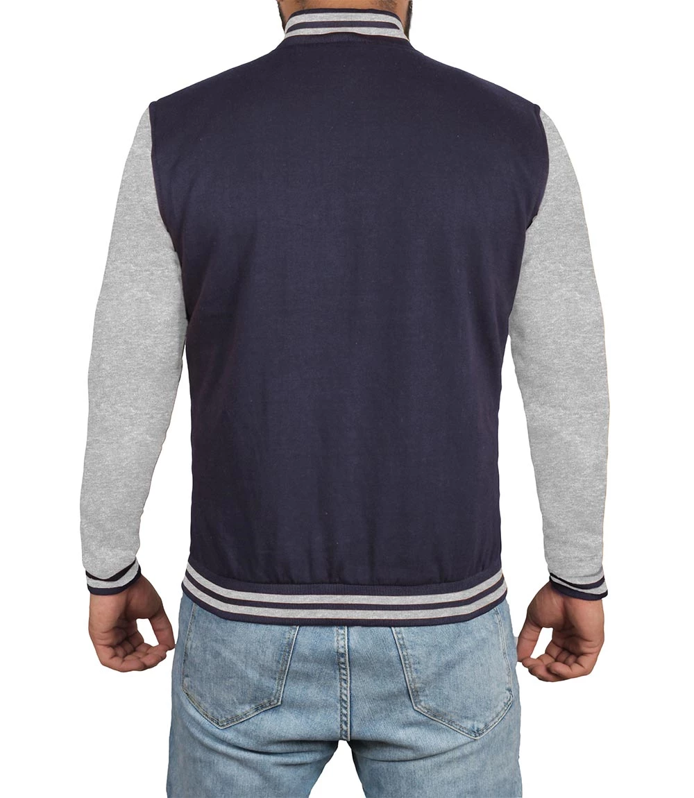 Men's Grey and Blue Varsity Jacket - Bomber Letterman Style