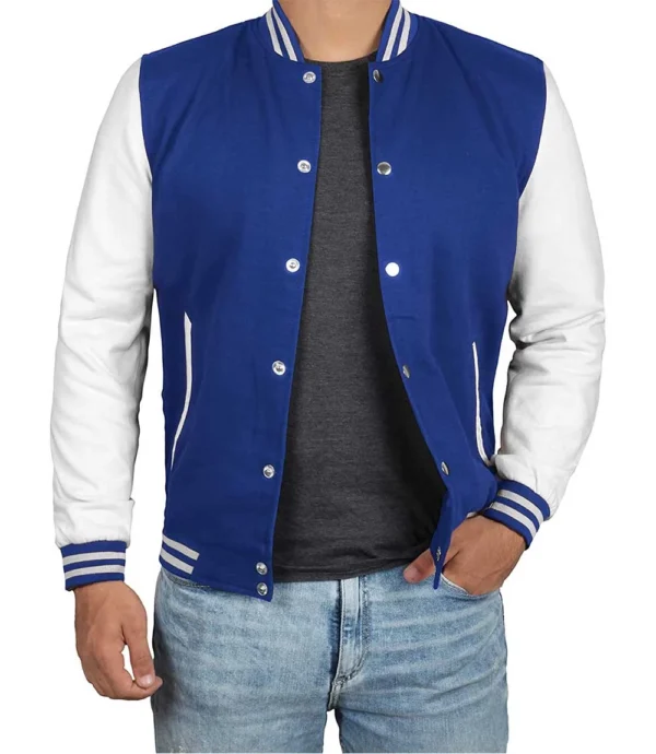 Men's Royal Blue & White Varsity Jacket - Classic Baseball Bomber Style