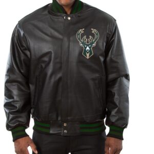Milwaukee Bucks Black Leather Varsity Jacket