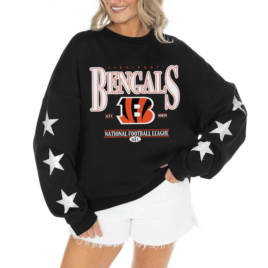 Show your Bengals pride in style with the Women's Rhinestone Star Sleeve Pullover. This oversized tri-blend design offers comfort and chic game day flair.