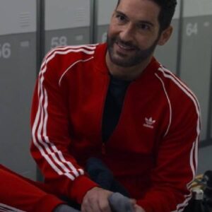 The Thursday Murder Club Tom Ellis Red Tracksuit