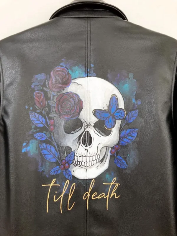 Till Death Printed Leather Biker Jacket