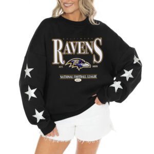 Women's Baltimore Ravens Gameday Couture Black Rhinestone Star Sleeve Settle the Score Oversized Tri-Blend Pullover
