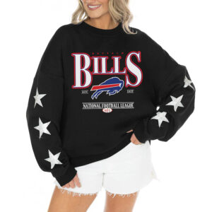 Women's Buffalo Bills Gameday Couture Black Rhinestone Star Sleeve Settle the Score Oversized Tri-Blend Pullover