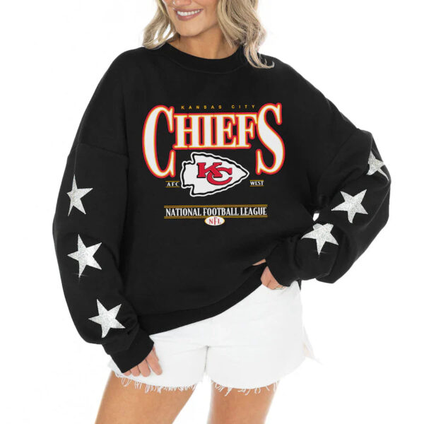Women's Kansas City Chiefs Gameday Couture Black Rhinestone Star Sleeve Settle the Score Oversized Tri-Blend Pullover