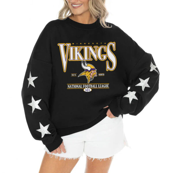 Women's Minnesota Vikings Gameday Couture Black Rhinestone Star Sleeve Settle the Score Oversized Tri-Blend Pullover