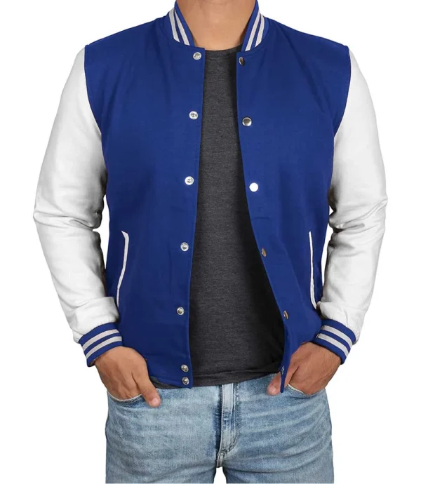 Men's Royal Blue & White Varsity Jacket - Classic Baseball Bomber Style
