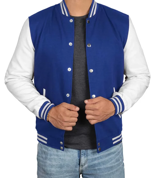 Men's Royal Blue & White Varsity Jacket - Classic Baseball Bomber Style