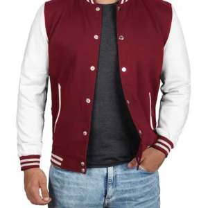 Men's Maroon and White Varsity Jacket - Letterman Bomber Style
