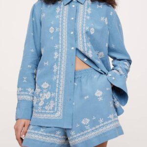 Only Murders in the Building Meryl Streep Blue Embroidered Shirt