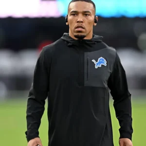 Amon-Ra St. Brown Detroit Lions black hoodie featuring team logo on the chest, adjustable hood, and casual athletic fit
