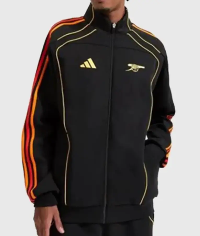 Arsenal x NTS track jacket featuring club branding, zip-up front, sporty panel design, and high collar.