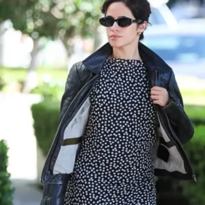 Camila Cabello Los Angeles 2025 black leather zip-up jacket with sleek fitted design and modern streetwear style.”