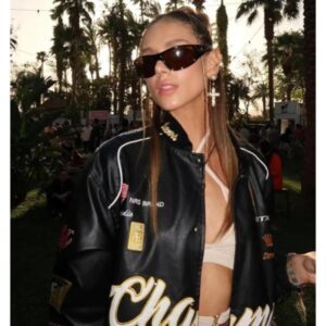 Champs unisex oversized black racing leather jacket with bold design and relaxed fit.