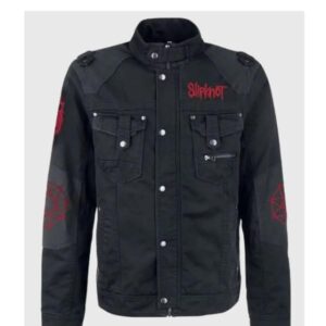 Black unisex cotton jacket with red Slipknot Corey Taylor embroidered designs on the front and back.