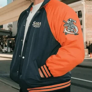 Detroit Bullpen bomber jacket with classic varsity-style design, front zipper, and ribbed cuffs.