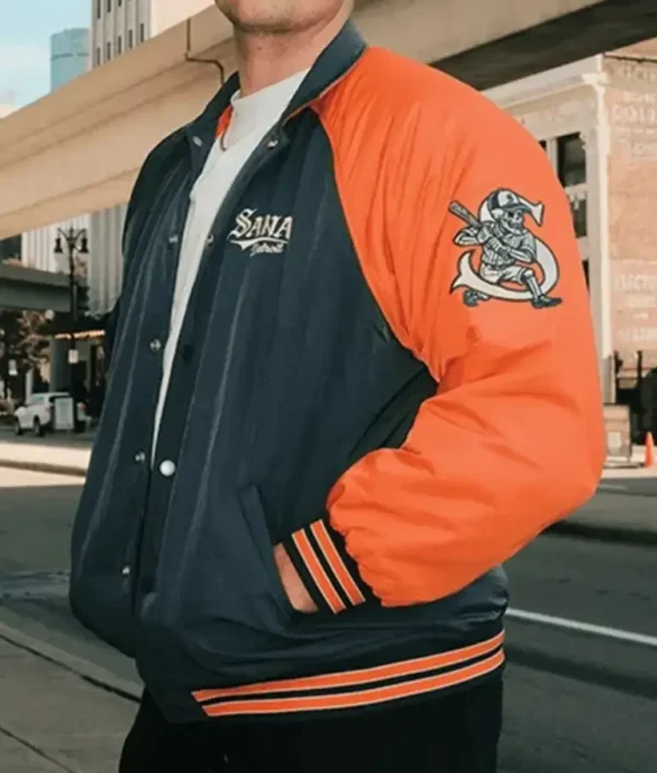 Detroit Bullpen bomber jacket with classic varsity-style design, front zipper, and ribbed cuffs.