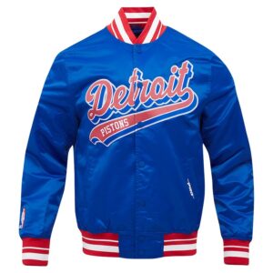 Detroit Pistons Script Tail Blue Satin Varsity Jacket