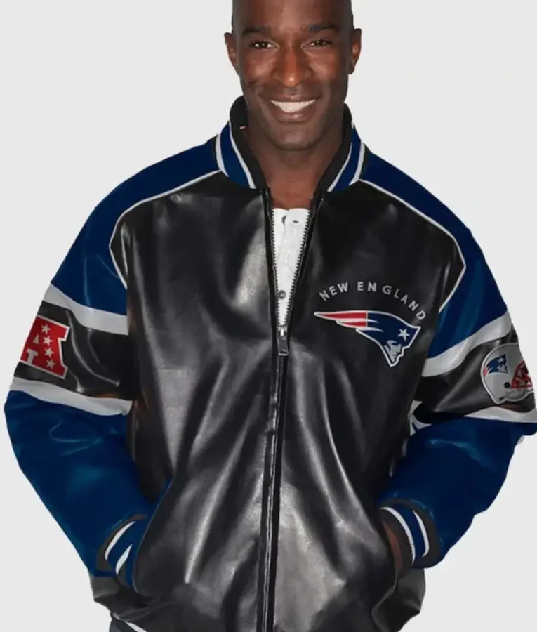 “England Patriots faux-leather jacket in black with team logo and classic athletic-inspired design.”