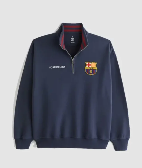 “FC Barcelona graphic half-zip sweatshirt with team logo and casual athletic fit.”
