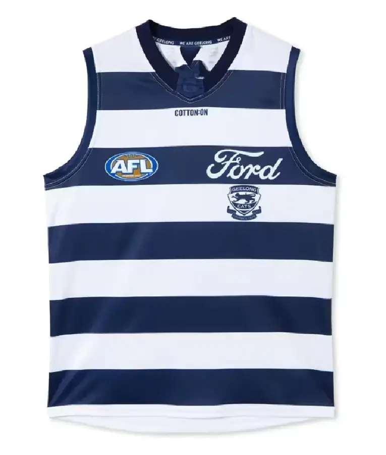 Geelong Cats FC AFL Cotton Snoop Dogg Jersey in team colors, featuring club logo, bold graphic prints, and comfortable cotton fabric.