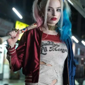 Harley Quinn Suicide Squad satin jacket with glossy finish, bold color blocking, and streetwear-inspired design.