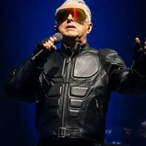 Holly Johnson wearing a black leather jacket at Milan 2025 with sleek tailored fit and modern design.