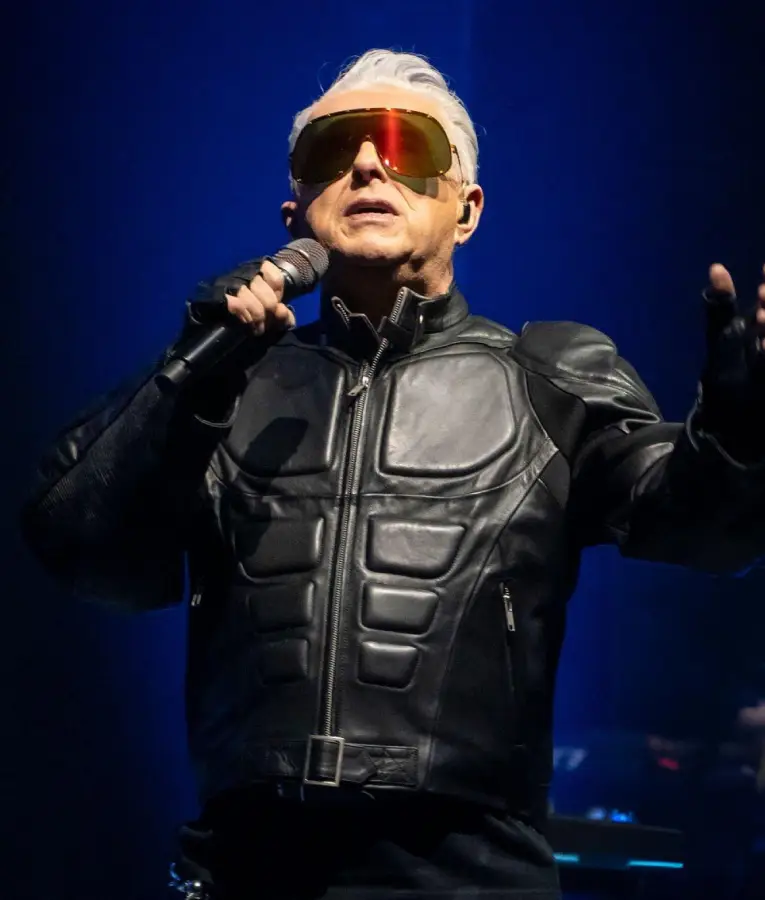Holly Johnson wearing a black leather jacket at Milan 2025 with sleek tailored fit and modern design.
