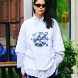 Irina Shayk wearing a white T-shirt in Manhattan, featuring a minimalist design with a relaxed, casual fit.
