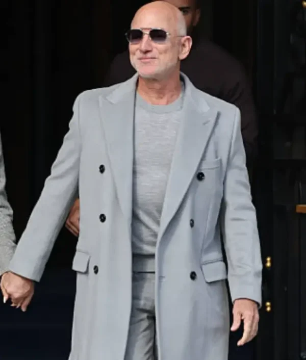 Jeff Bezos wearing a long coat at Paris Fashion Week 2025 with elegant tailored fit and modern design