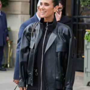 Jennifer Connelly PFW 2025 Black Leather Jacket