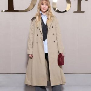 Jennifer Lawrence wearing a long coat at Paris Fashion Week 2025 with elegant tailored fit and sophisticated design.
