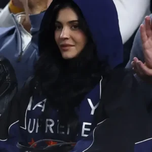 “Kylie Jenner American League Division Series 2025 jacket displayed on a hanger.”