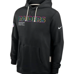 “Las Vegas Raiders 2025 Crucial Catch black hoodie with team logo and casual athletic design.”