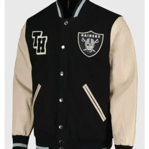 “Las Vegas Raiders black full-zip varsity jacket with team logo and classic sporty design.”