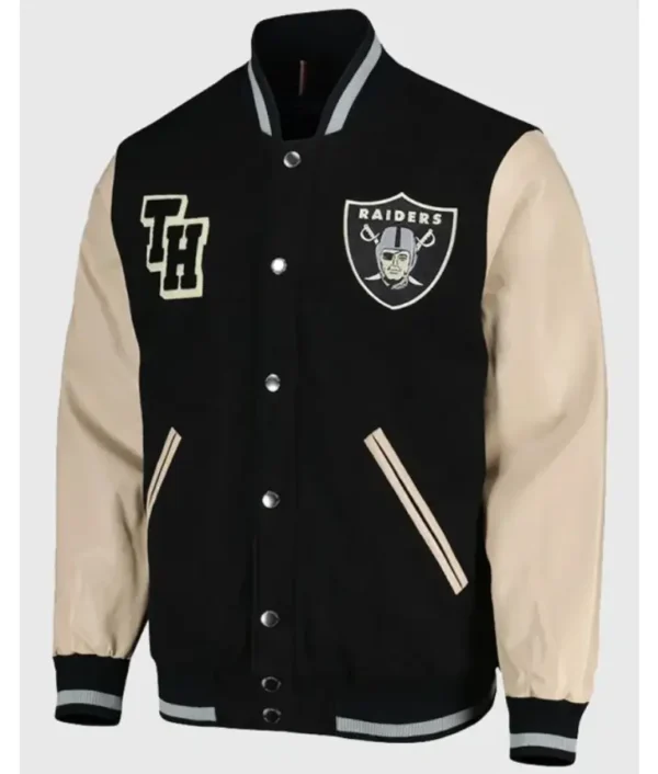 “Las Vegas Raiders black full-zip varsity jacket with team logo and classic sporty design.”
