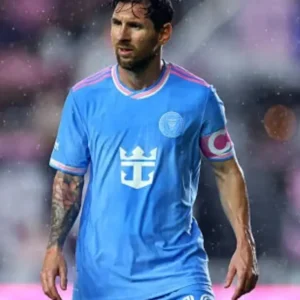 “Lionel Messi Inter Miami CF 2025 blue jersey displayed on a hanger.”