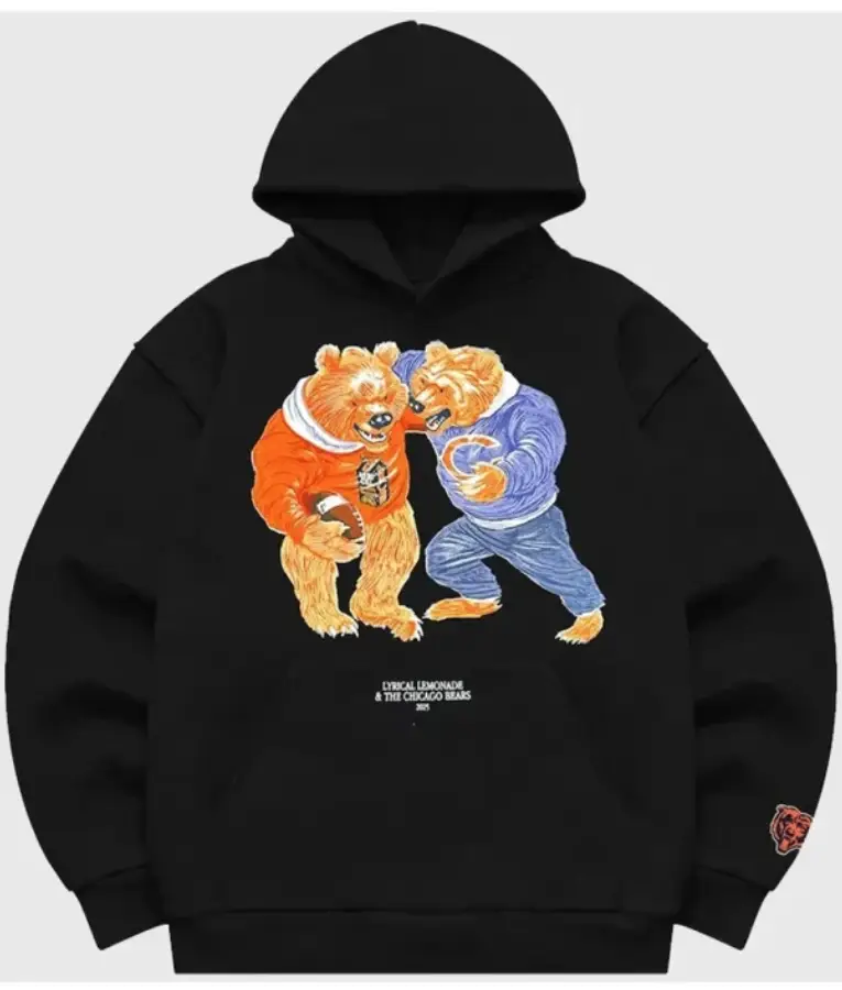 Lyrical Lemonade x Chicago Bears Black Tackle Hoodie featuring co-branded graphics on the front, adjustable drawstring hood, and soft fleece construction.”