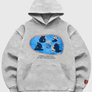 Lyrical Lemonade x Chicago Bears Gray Pond Hoodie featuring co-branded logos on the chest, adjustable drawstring hood, and soft fleece fabric for comfort.