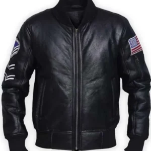 Men Sheepskin American Flag Bomber Black Leather Jacket